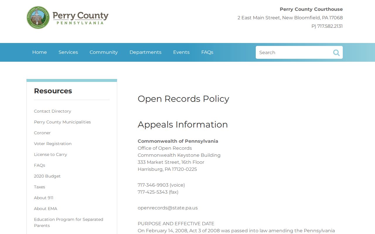 Perry County Pennsylvania open records booking record request information