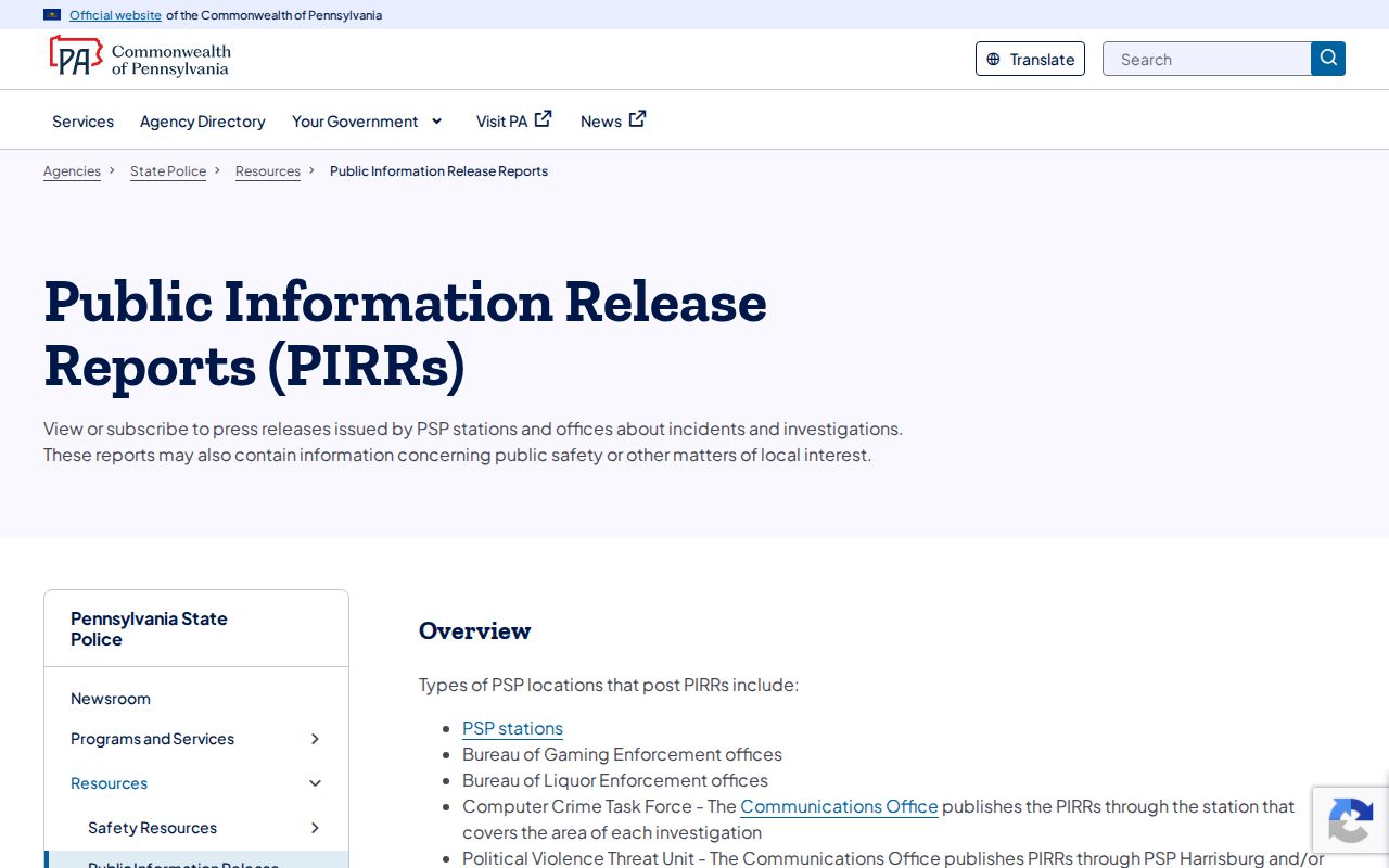 Perry County Pennsylvania State Police incident release record search