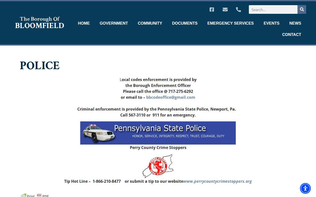 Bloomfield Borough police page for New Bloomfield, Perry County arrest-record contacts